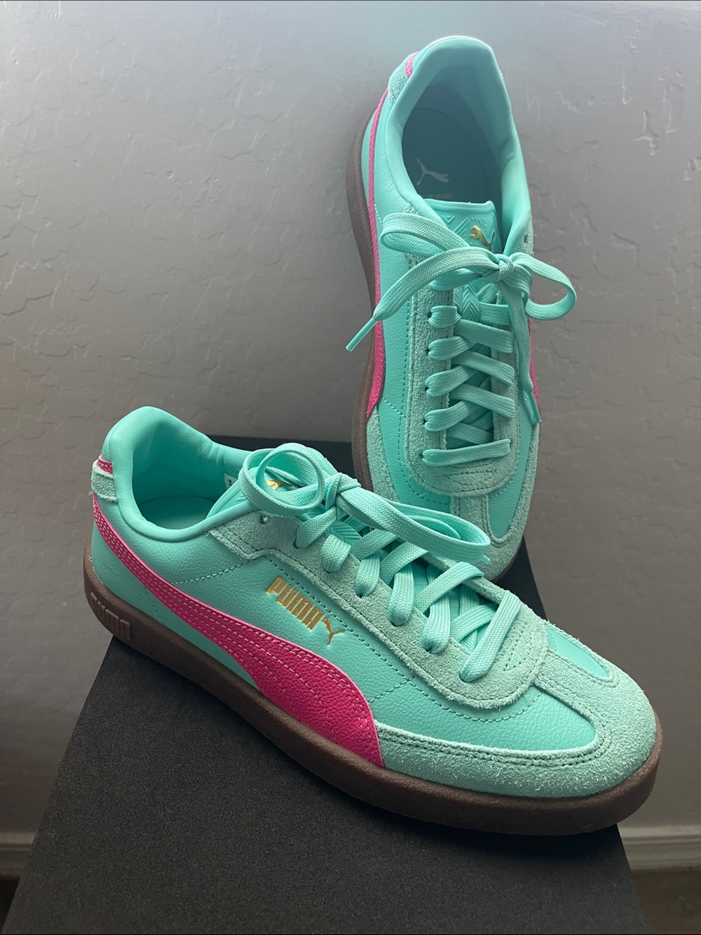 Puma Women's Mint and Pink Suede-Trim Sneakers